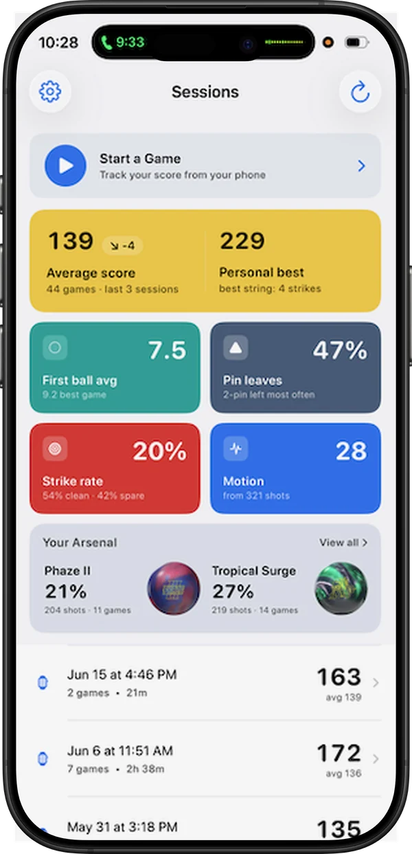 LaneCaddie iPhone dashboard: average score, personal best, first-ball average, strike rate and your ball arsenal.