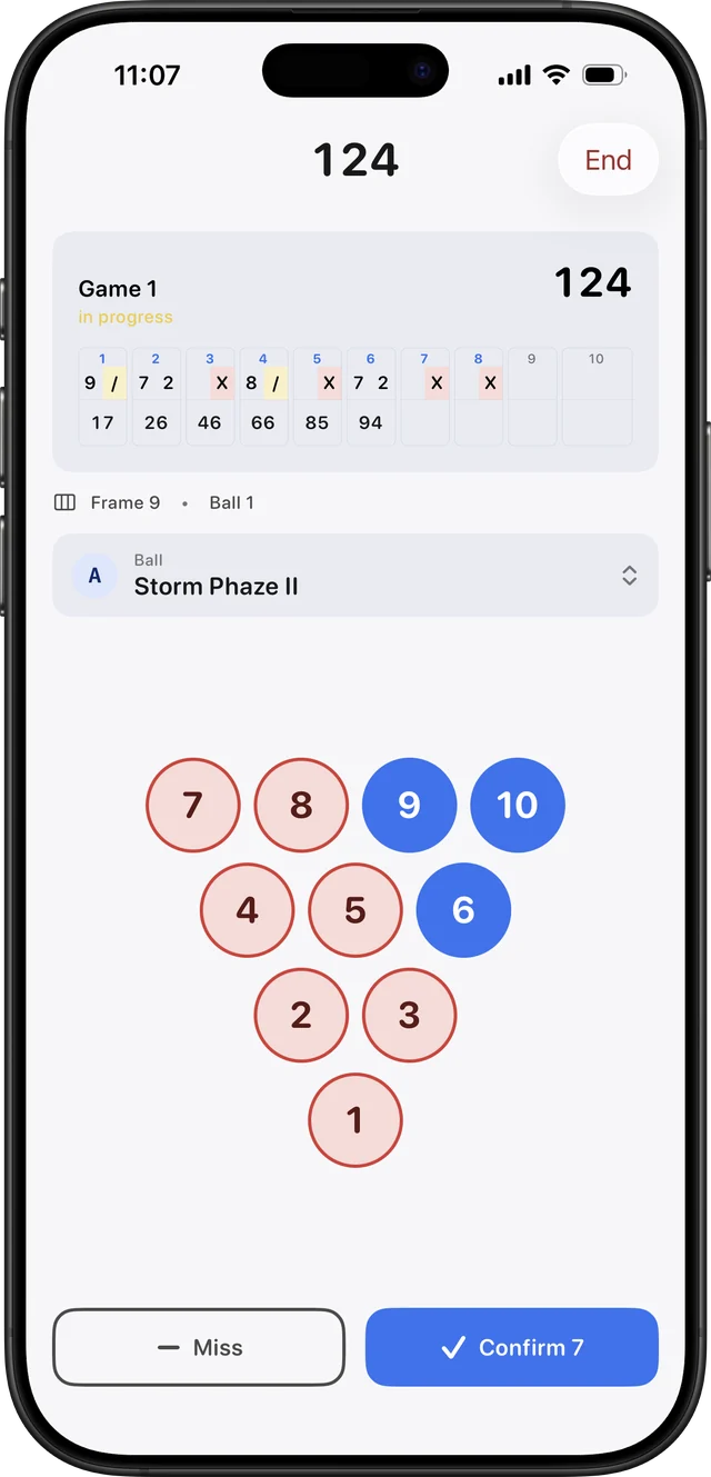 LaneCaddie iPhone live game: a 10-frame scoresheet at 124 in frame 9, the Storm Phaze II ball selected, and a pin deck to tap which pins fell.