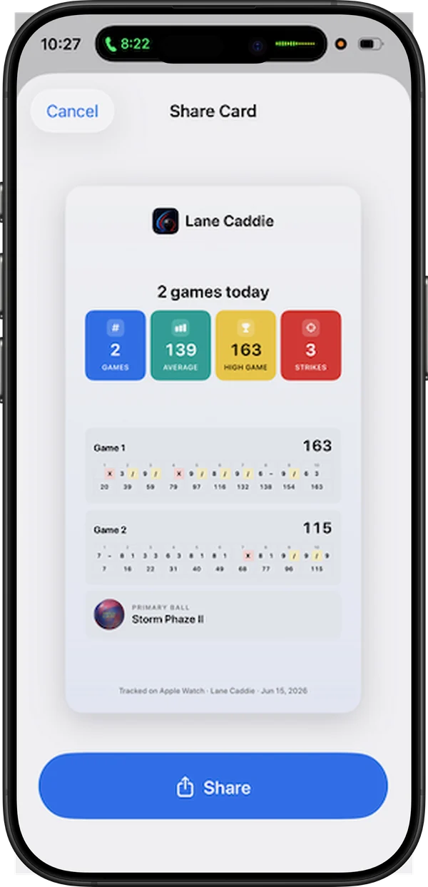 LaneCaddie iPhone share card: a clean recap of the night's games, scores and strikes, ready to share.