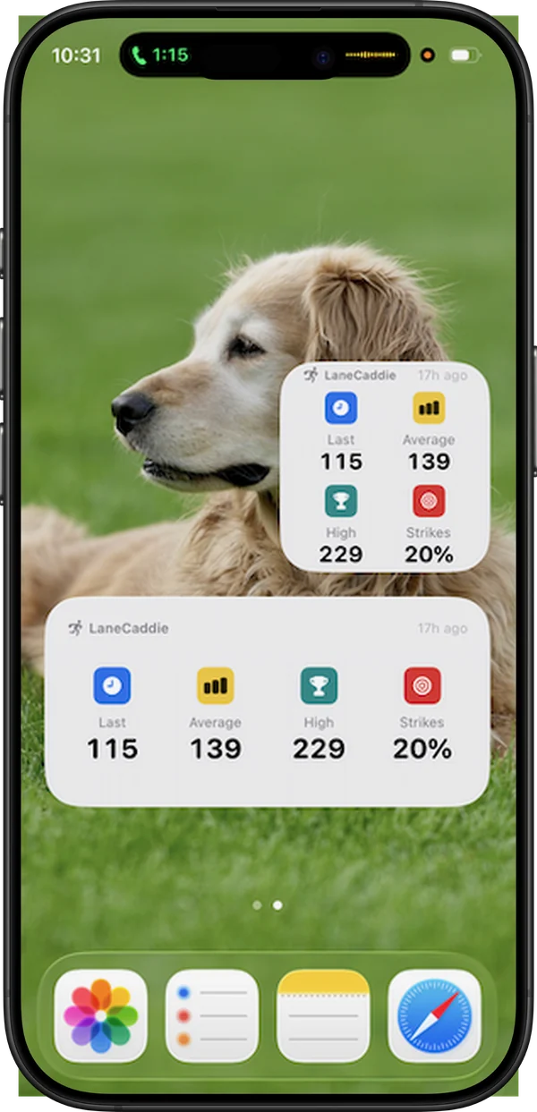 LaneCaddie 'Bowling Stats' iOS home-screen widget showing last game, average, high game and strike rate.