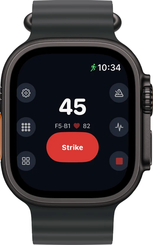 LaneCaddie Apple Watch hub: live game score with a one-tap Strike button and round widgets for pins, motion and tempo.