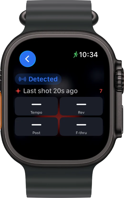 LaneCaddie on Apple Watch Ultra: a detected shot with relative tempo, rev, posting and follow-through metrics.