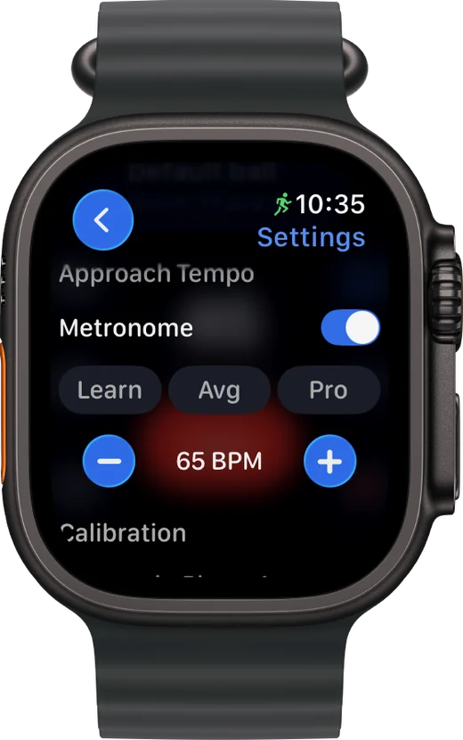 LaneCaddie Apple Watch tempo settings: a metronome toggle with Learn/Avg/Pro presets and a BPM stepper.