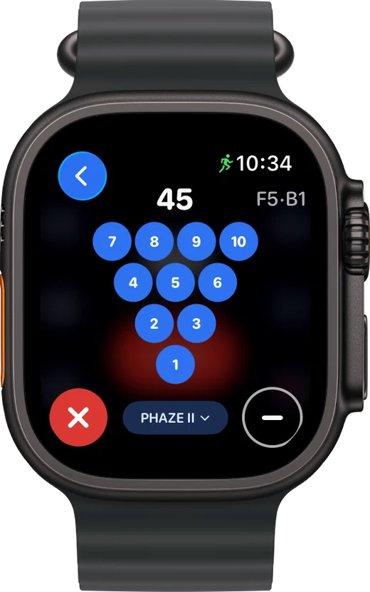 LaneCaddie Apple Watch Pin Deck: tap which pins fell to log the shot, with the running game score above.